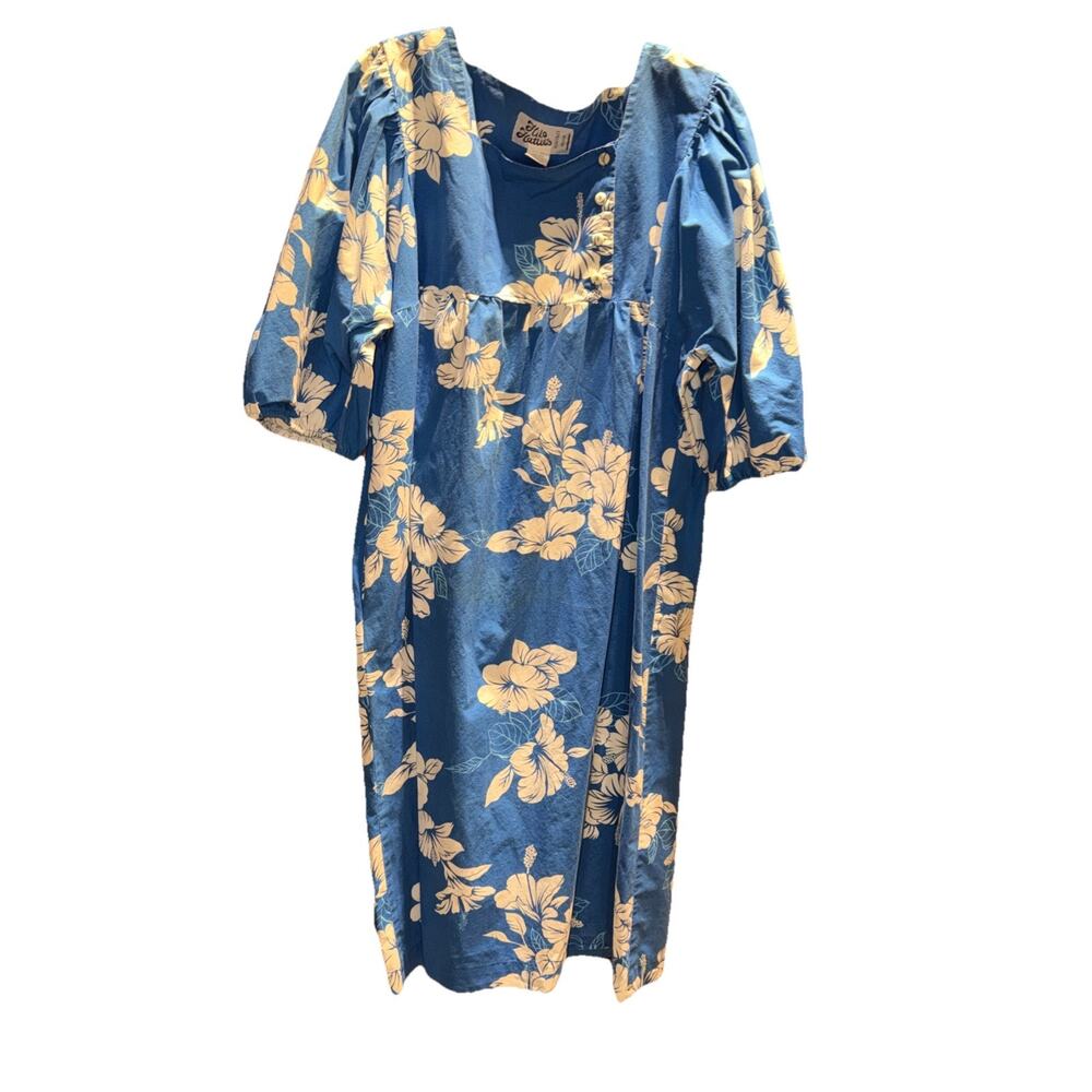 Hilo Hattie Hawaiian Maxi Dress Sz XXL Blue White Floral Hawaii Tropical Lounge